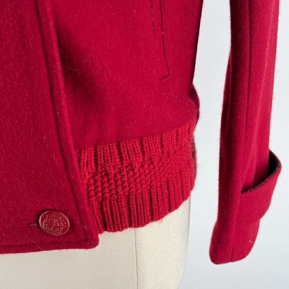 Sessun France Ted Red Cropped Pea Coat Double-Breast Wool-Blend Knit Trim Large - Picture 8 of 14